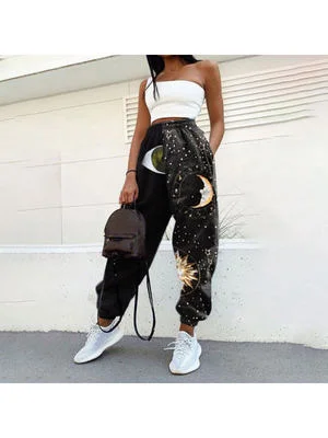 Pants Women Skull Print High Waist Elastic Wide Leg Pants Streetwear Woman Baggy Sweatpants Harajuku Loose Joggers Trousers
