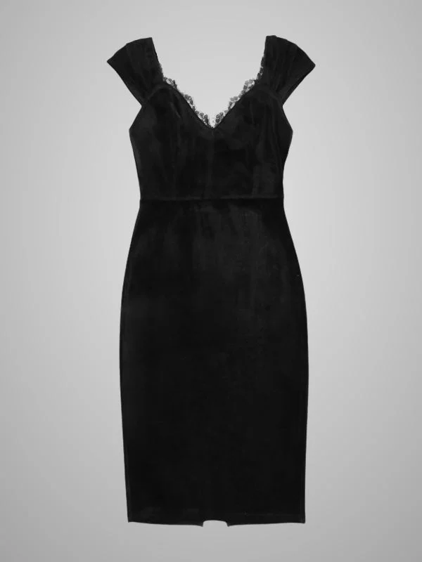 Gothic Dark Vintage Velvet Lace V-neck Slit Bodycon Long Dress