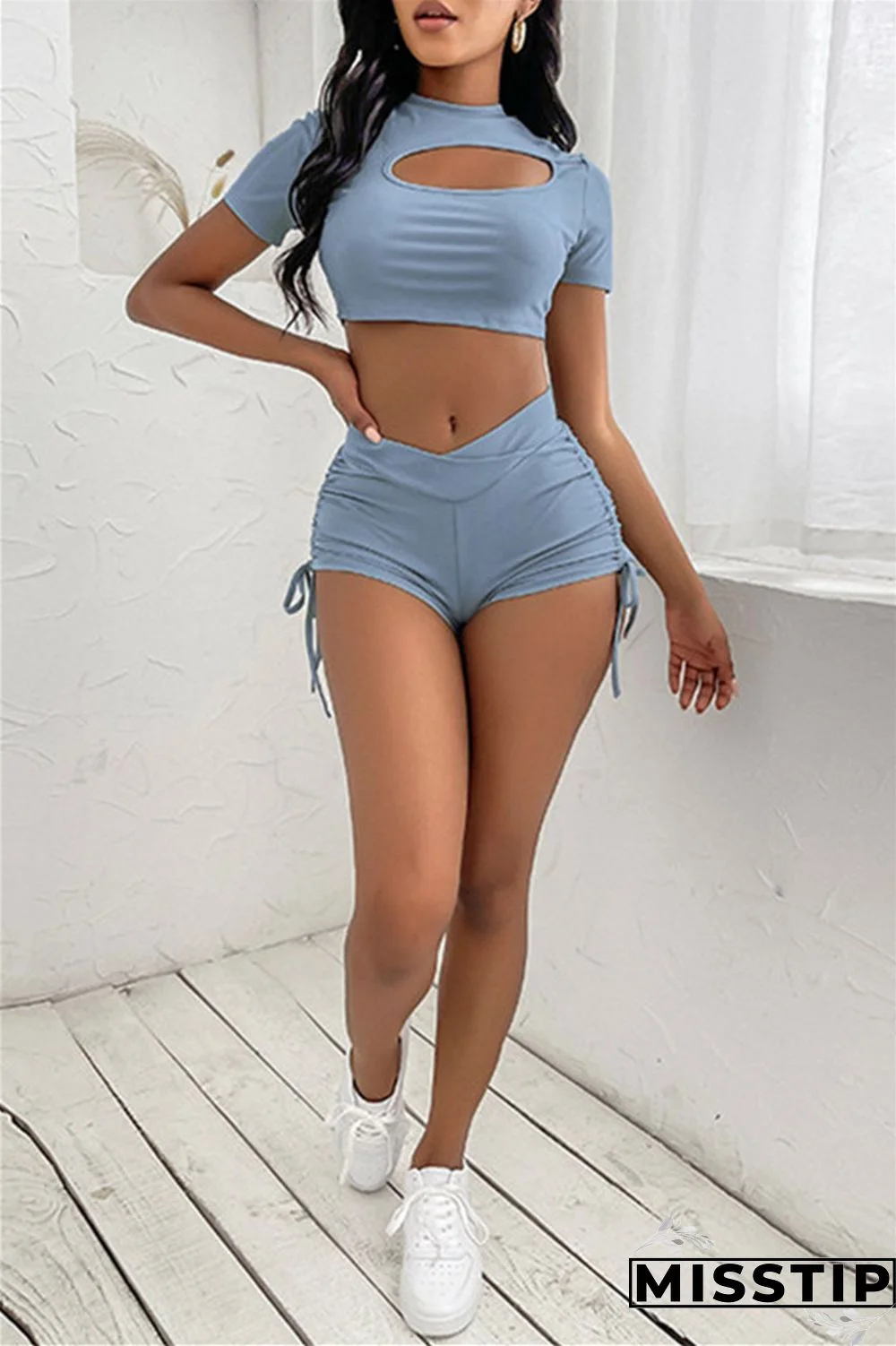 Blue Casual Sportswear Solid Hollowed Out Draw String O Neck Short Sleeve Two Pieces
