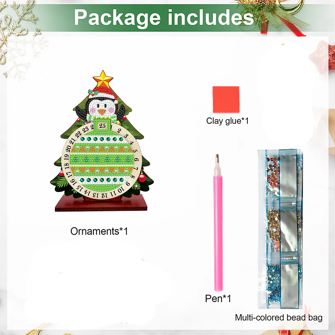 Penguin DIY Christmas Countdown Diamond Painting Tabletop Ornaments Kit 25 Days Crystal Art Craft Decoration Wooden for Living Room Home Office Decoration