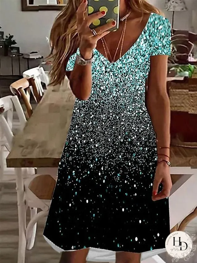 Casual Dress T Shirt Dress Tee Dress Print Dress Mini Dress Pink Blue Purple Short Sleeve Color Gradient Print Summer Spring V Neck Fashion Summer Dress Loose Fit S M L XL XXL 3XL for Women