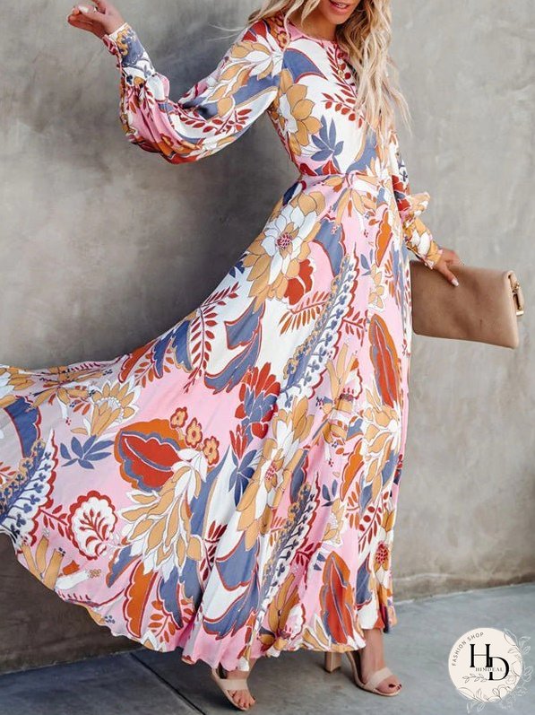 Dresses Printed Crew Neck Long Sleeve Dress for Women