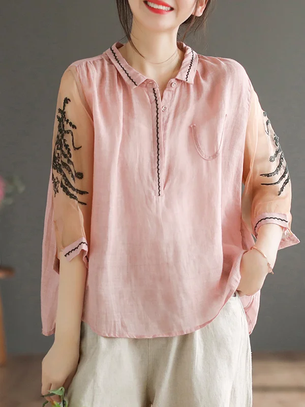 Vintage Roomy Embroidered Split-Joint Blouse