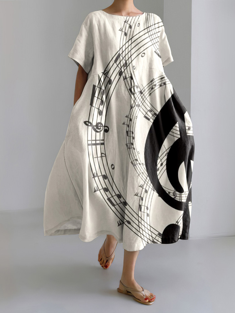 Comstylish Sheet Music Print Short Sleeve Casual Midi Dress