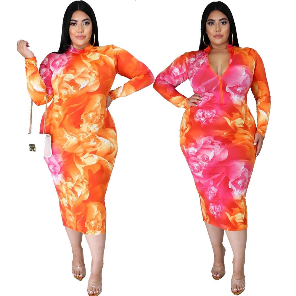 Sexy Plus Size Dress Fashionable Two-way Printed Slim Fit Mid-length