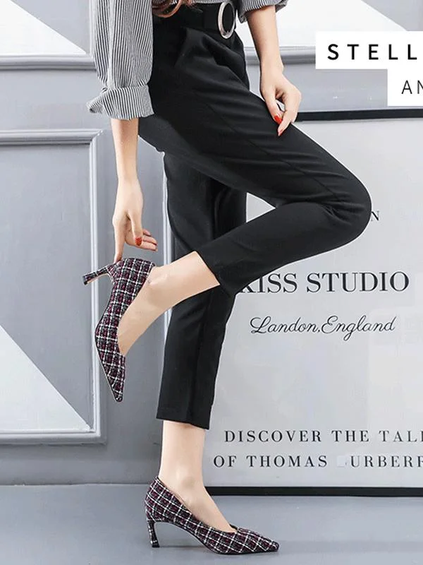 Fashion pointed soft plaid high heels women's single shoes