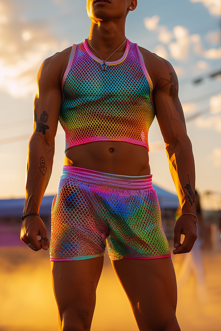Ciciful Rainbow Glitter Fishnet See-Through Stretchy Festival Tank Top Shorts Two Piece Set
