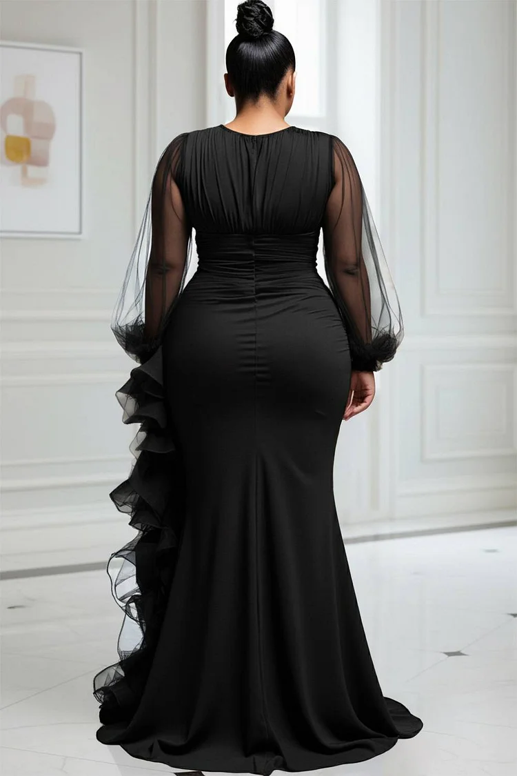 Xpluswear Design Plus Size Formal Black  Round Neck Lantern Sleeve Long Sleeve Ruffle Elegant See Through Tulle Satin Maxi Dresses [Pre-Order]