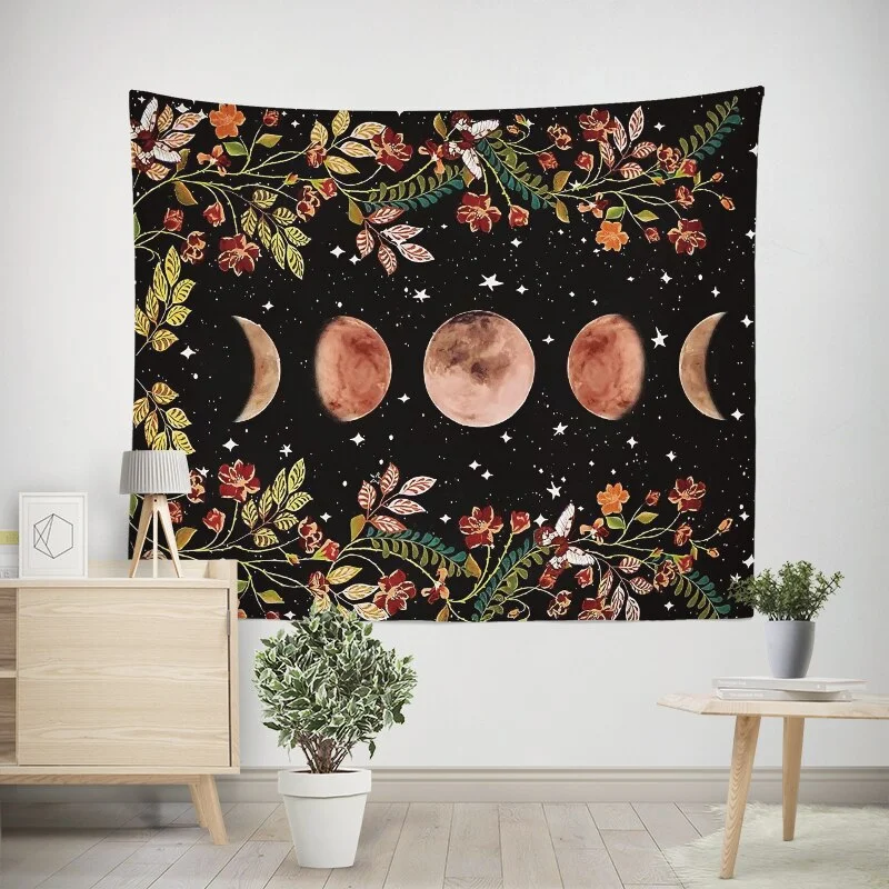 Moon Phase Tapestry Wall Hanging Botanical Celestial Tapestries Home Decor Flower Wall Starry Sky Tapestries Wall Decoration