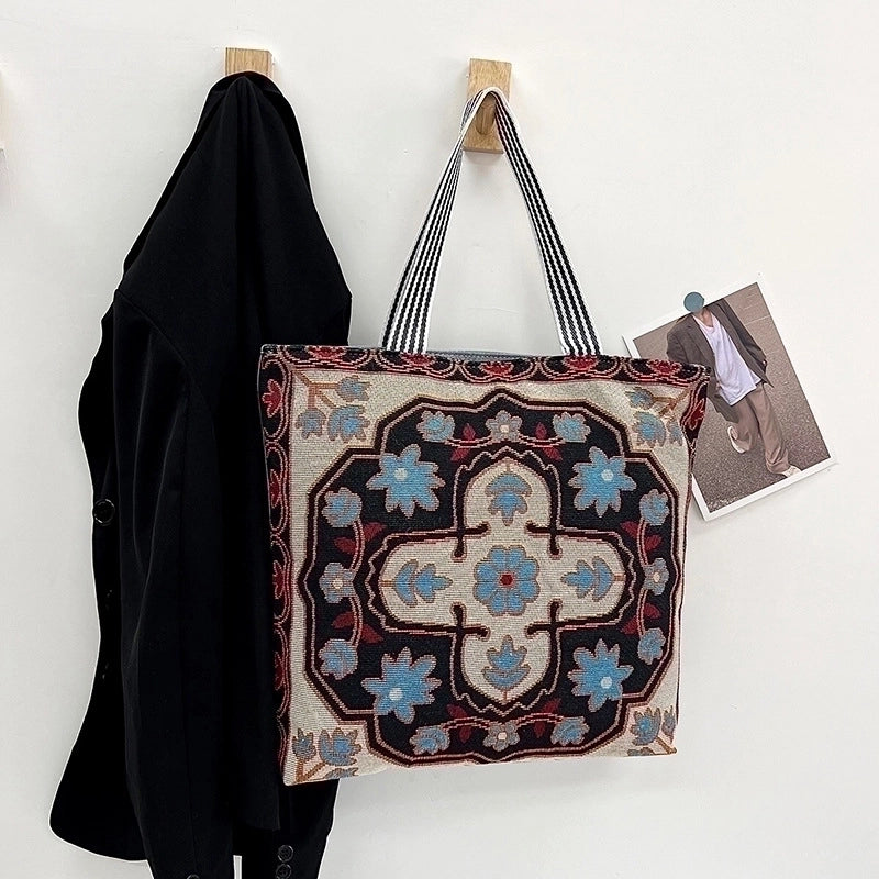 Women’s Medium Canvas Geometric Vacation Ethnic Style Zipper Canvas Bag