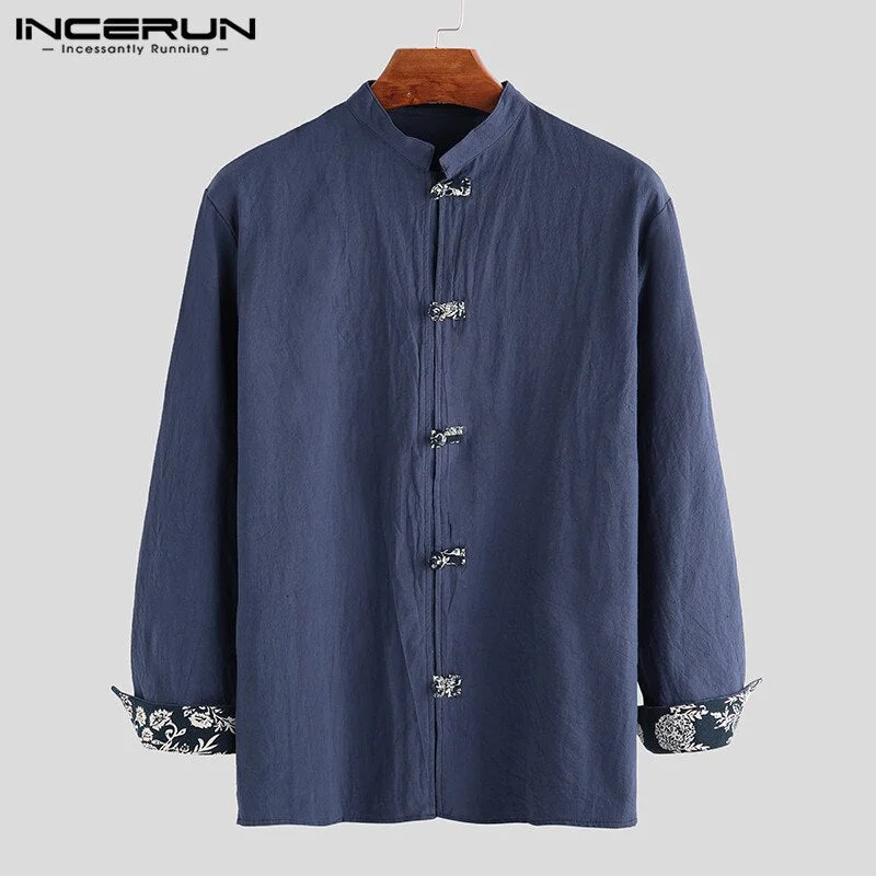 Vintage Men Shirt Cotton Long Sleeve Solid Mandarin Collar 2021 Streetwear Blouse Chinese Traditional Casual Men Shirt INCERUN 7