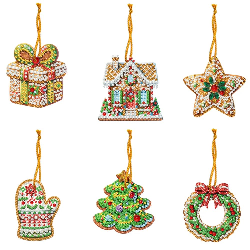 6pcs Xmas Cookies 2D Flat DIY Diamond Painting Art Pendant Wall Door Decoration