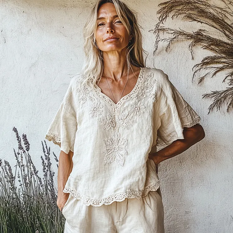 Lunivibe Vintage Floral Art V Neck Cotton Linen Comfy Shirt