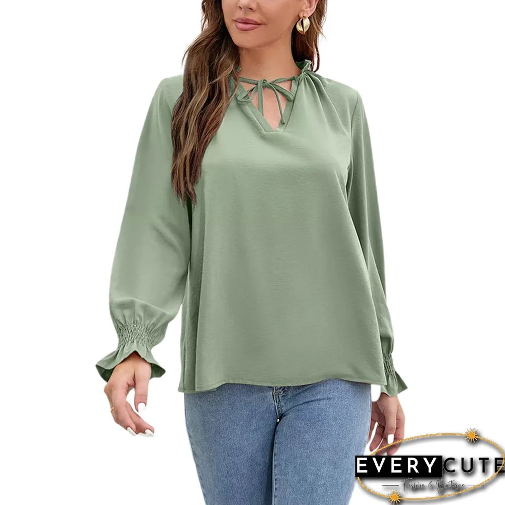 Green Lace-up Ruffle Long Sleeve Chiffon Blouse