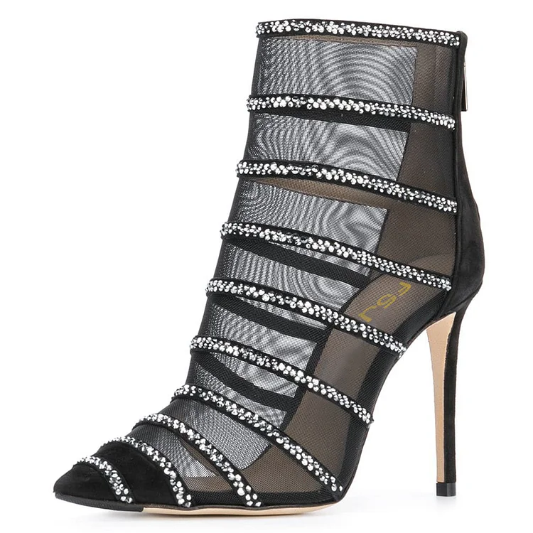Black Mesh Ankle Boots Pointed Toe Rhinestone Stiletto Heel Booties |FSJ Shoes
