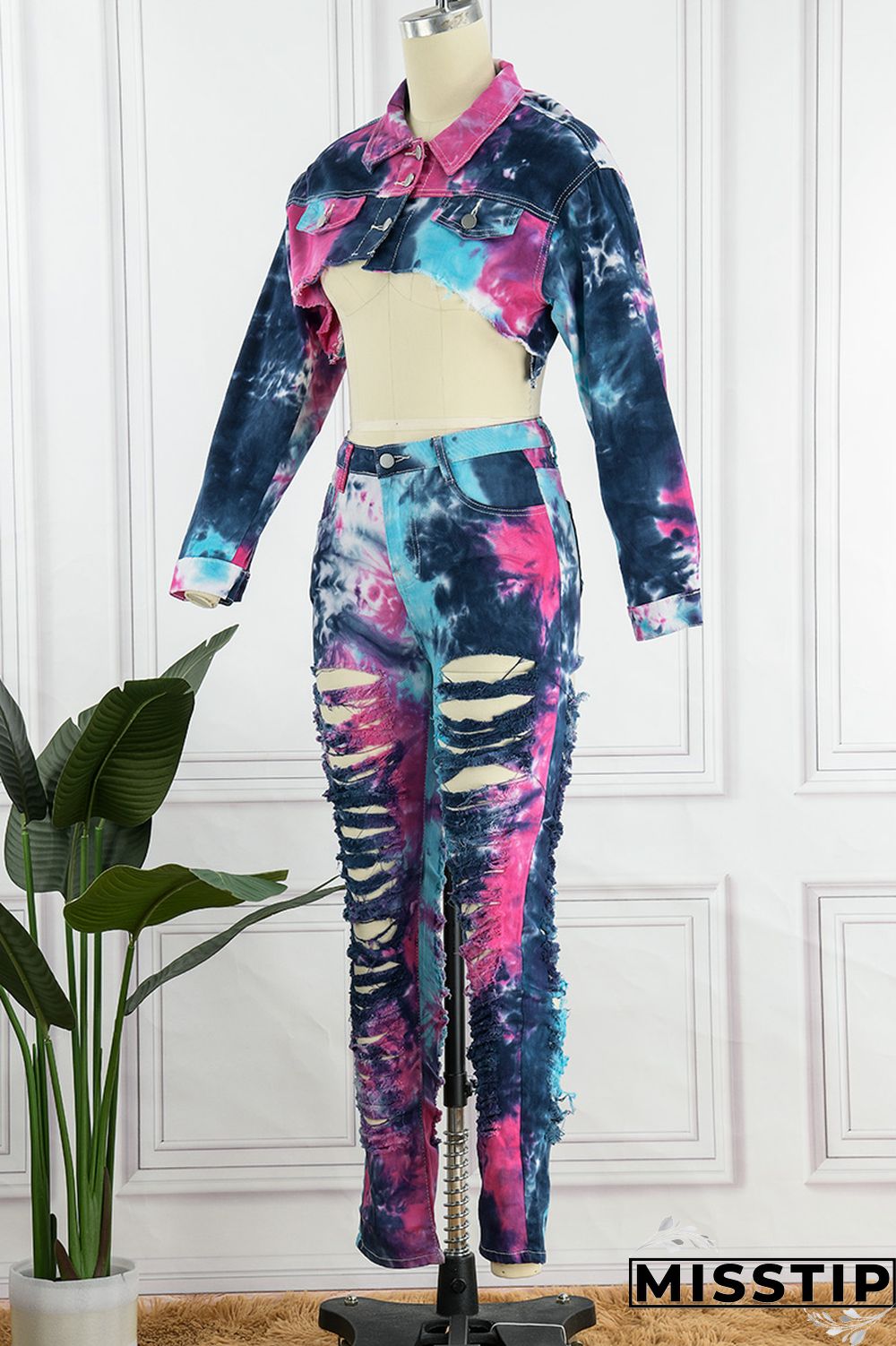 Deep Blue Casual Tie Dye Ripped Turndown Collar Long Sleeve Two Pieces