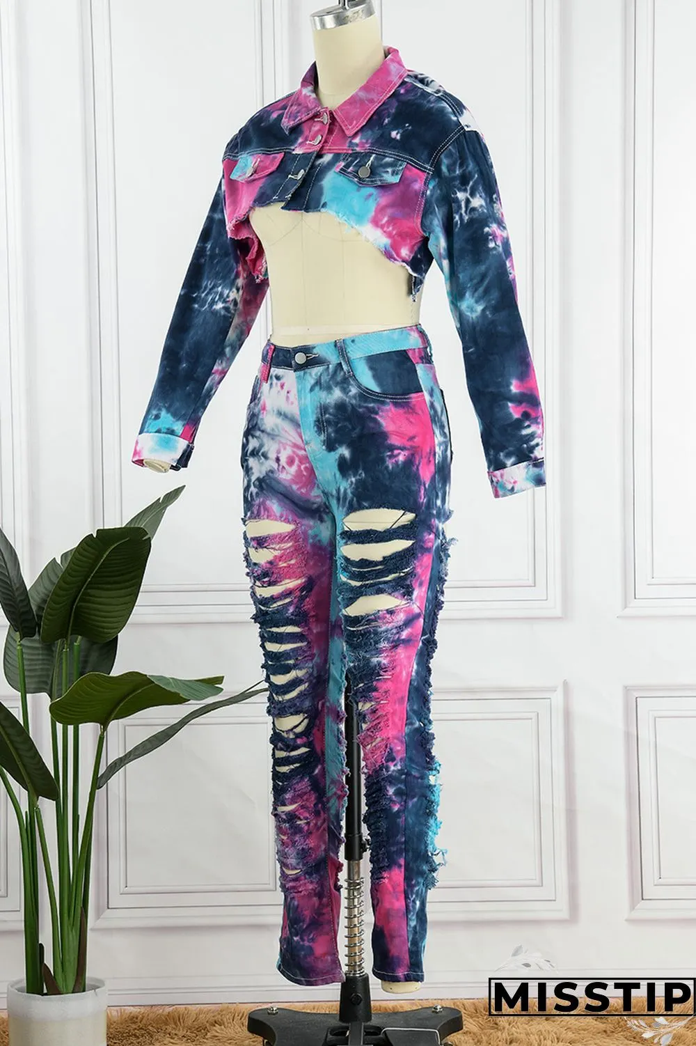 Deep Blue Casual Tie Dye Ripped Turndown Collar Long Sleeve Two Pieces