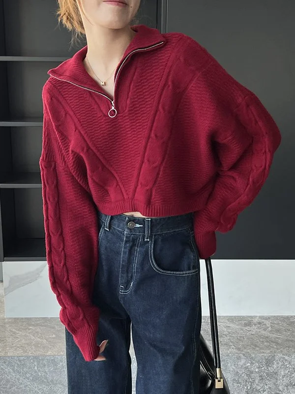 Simple Batwing Sleeves Long Sleeves Jacquard Solid Color Lapel Collar Sweater Tops