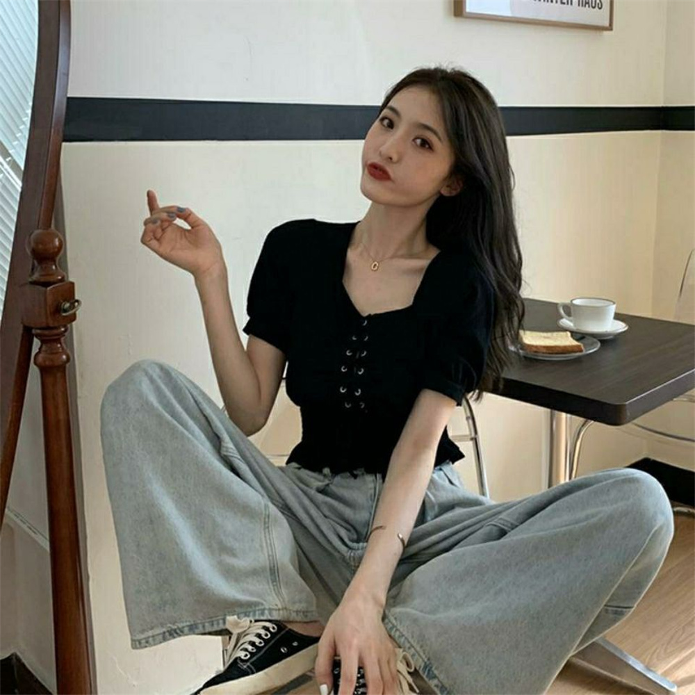 Gamistine Fashion Puff Short Sleeve Shirt Women All-match Square Collar Lace Up Crop Tops Korean Ruffles Waist Slim Chiffon Blouse New Top