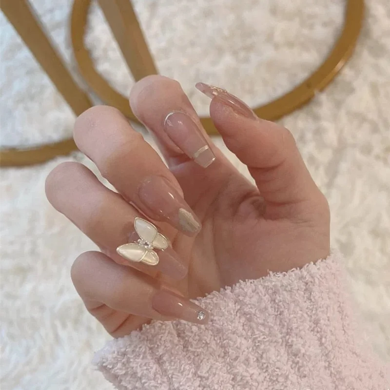 24pcs White Butterfly False Nail Patch Glue Type Removable Long Paragraph Fashion Manicure Coffin Fake Nail Patch Ballerina Art-Nail Inspo