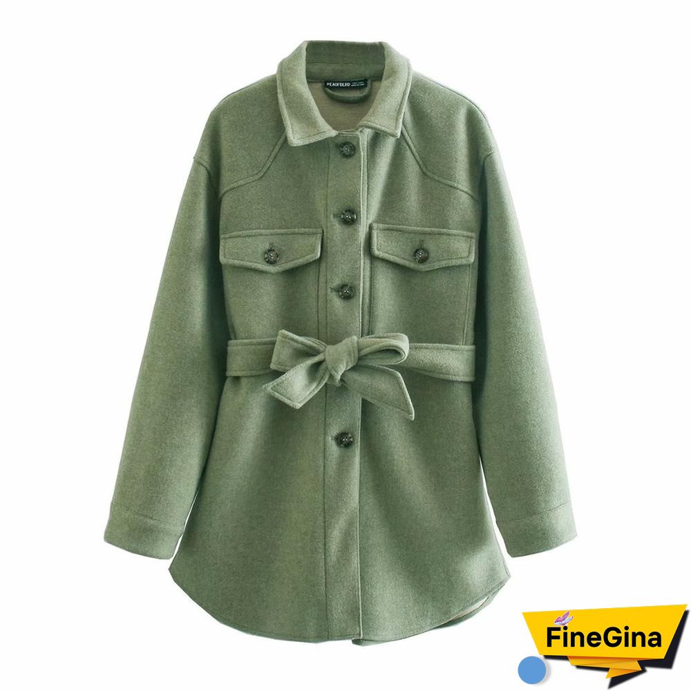 Women Fashion With Belt Loose Woolen Jacket Coat Vintage Long Sleeve Side Pockets Female Outerwear Chic Overcoat