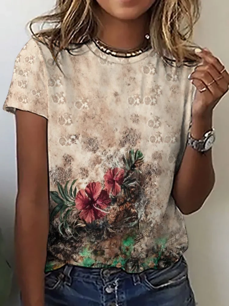 Printed Short Sleeve Casual T-shirt for  Women and Men Unisex Pattern Floral, Red, Pink