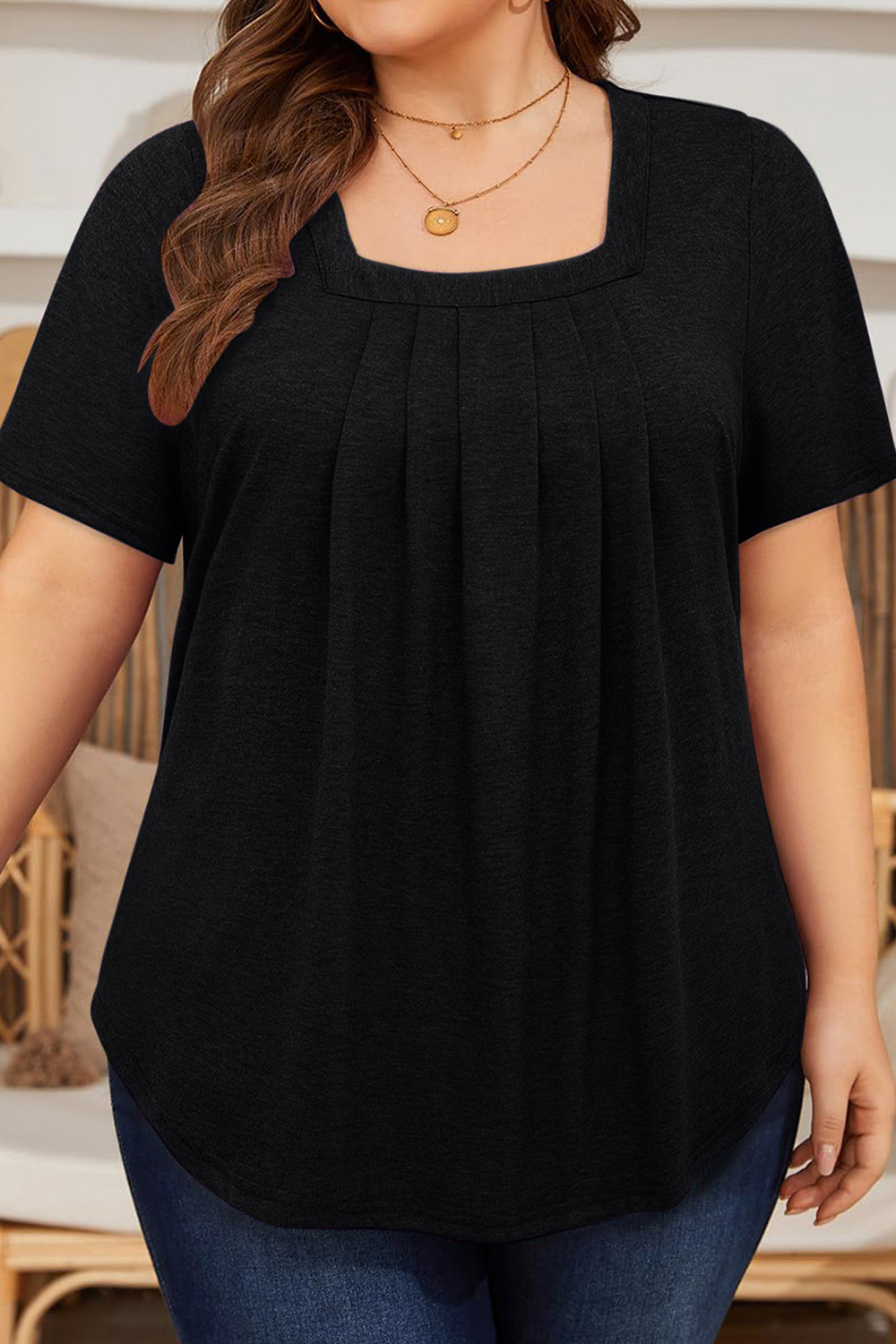 Plus Size Everyday Dark Blue Square Neck Crinkle Chest Blouse 2024 - Flycurvy 
