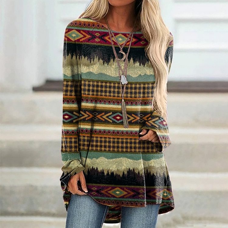 Vefave Vintage Western Print Casual Long Sleeve Tunic