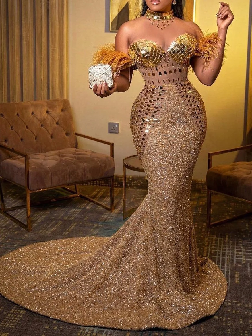 Off-the-shoulder sequined tail evening dress-zachics