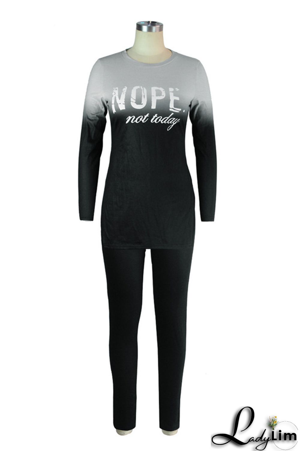 Stripe Fashion Casual Print Slit O Neck Long Sleeve Two Pieces