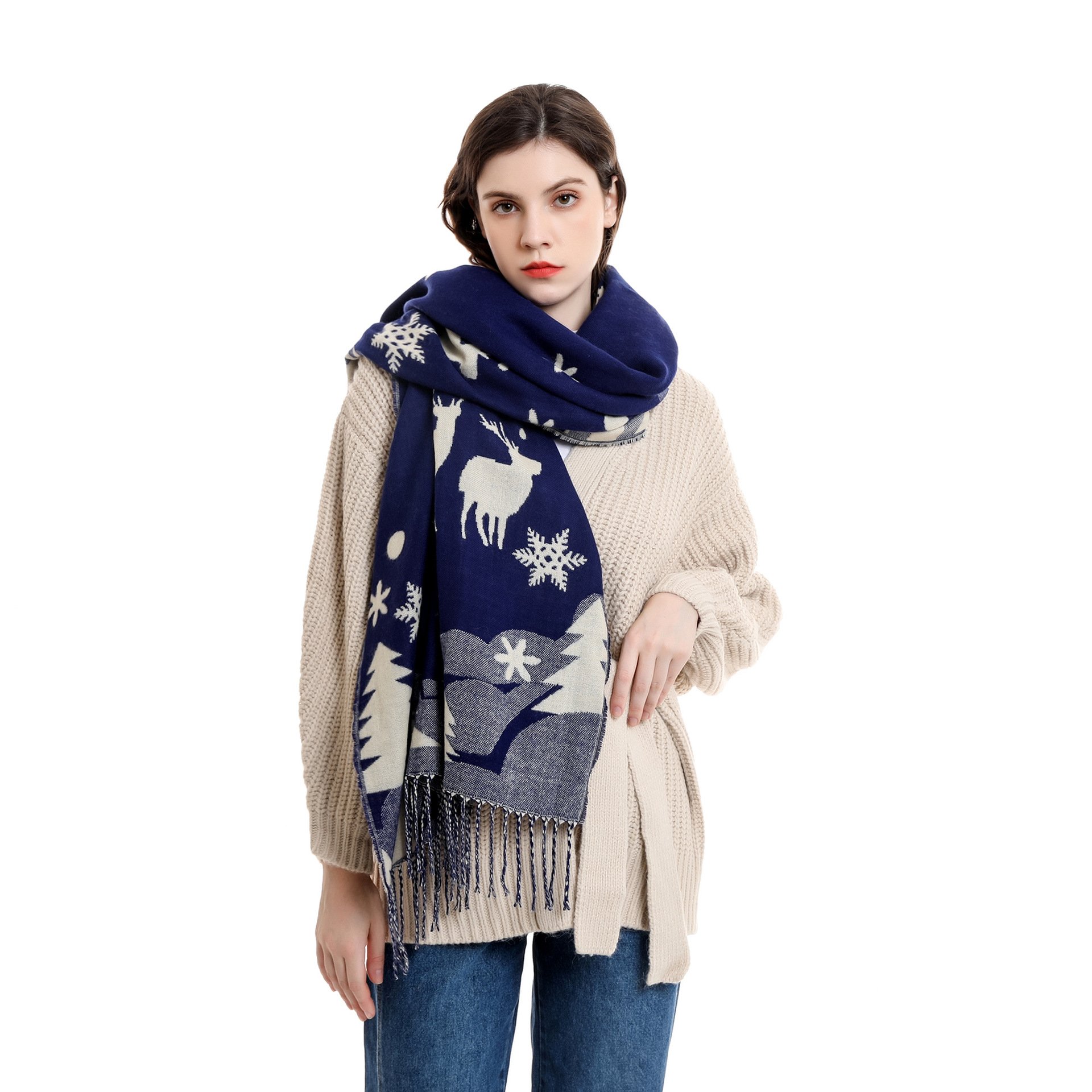  thdmladies Christmas Tassel Snowflake Pattern Warm Scarf thedmladies