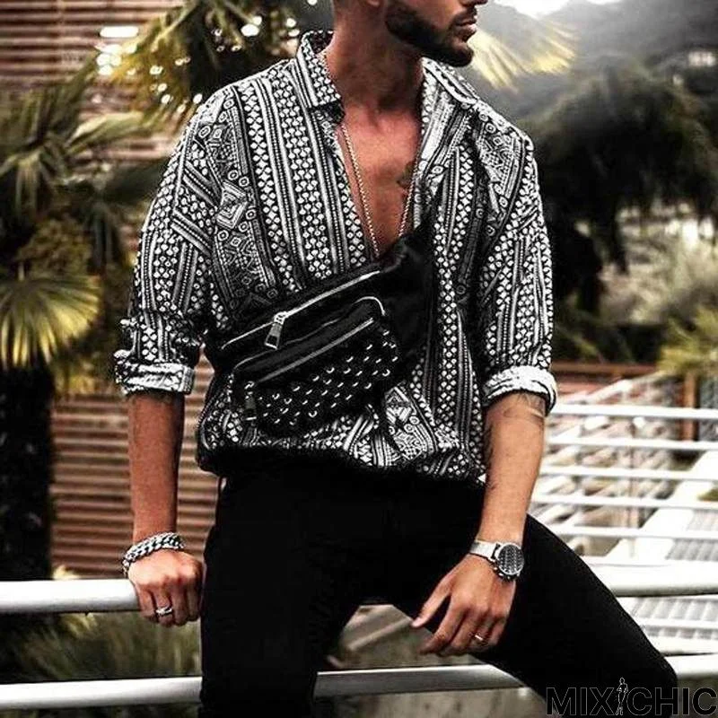 Casual Shirt Men Print Long Sleeve Ethnic Style Fashion Tropical