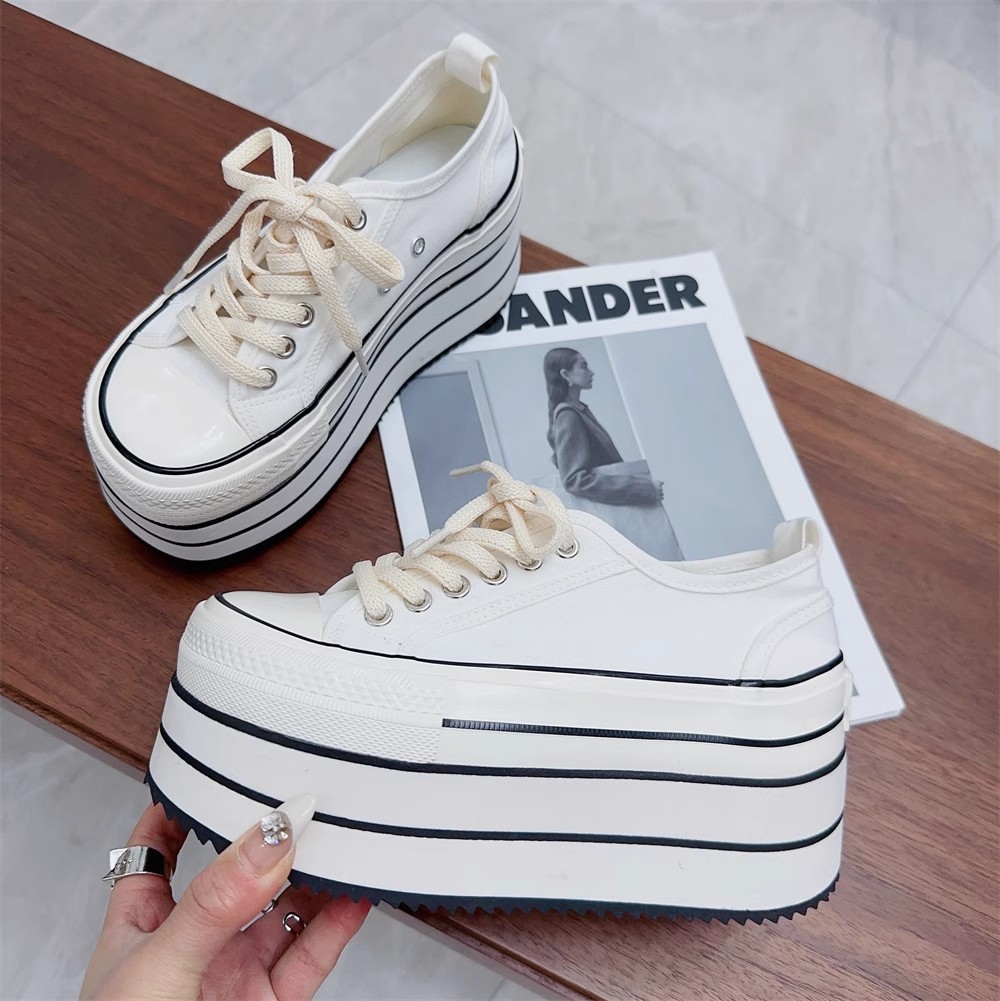 VCshoes Women White Canvas Shoes Woman High Thick Wedges Heels Pumps Lady Dress Party Shoes Round Toe 32-47 Stripe Splicing
