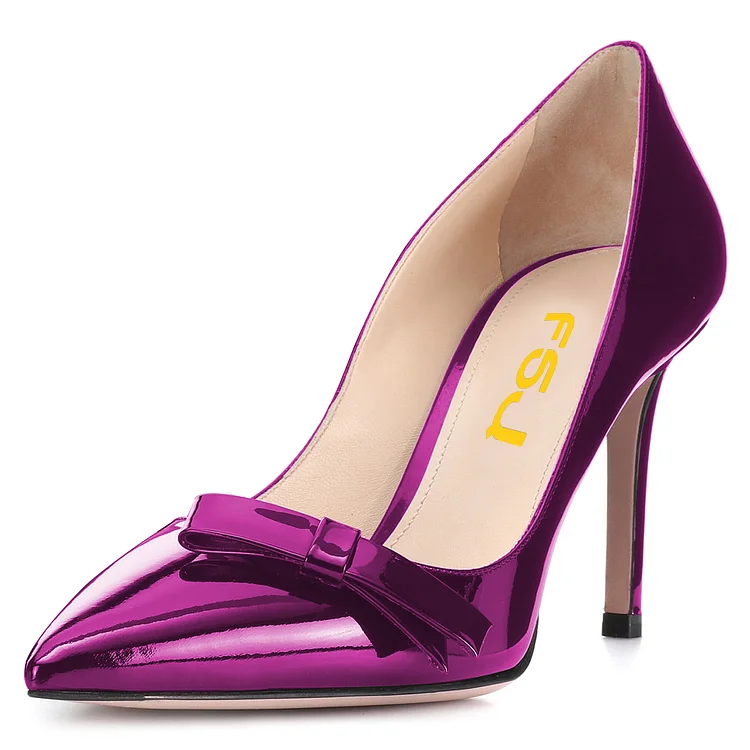 Purple Mirror Leather Bow Stiletto Heels Pumps |FSJ Shoes