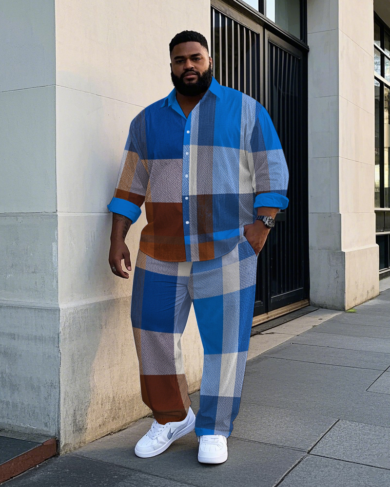 Men's Big Size Daily Casual Abstract Retro Blue Plaid Printed Long Sleeve Shirt Pants Set