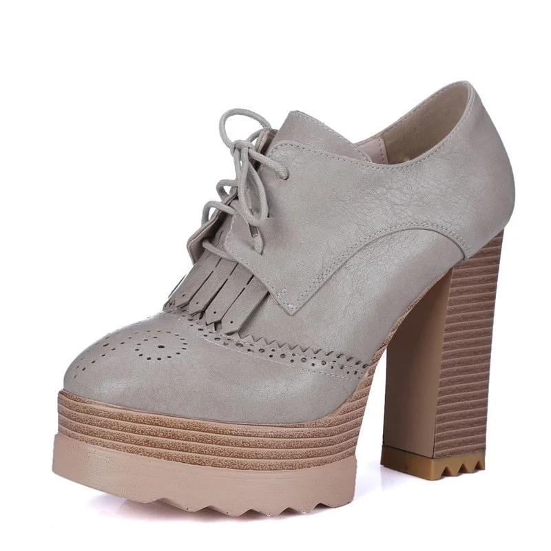 Gdgydh Spring Autumn Thick High-Heeled Shoes Pumps Woman Round Toe Lacing Female Platform Shoes Casual Office Ladies Shoes 42