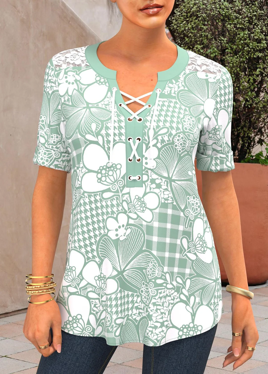Lace Up Houndstooth Print Light Green Blouse