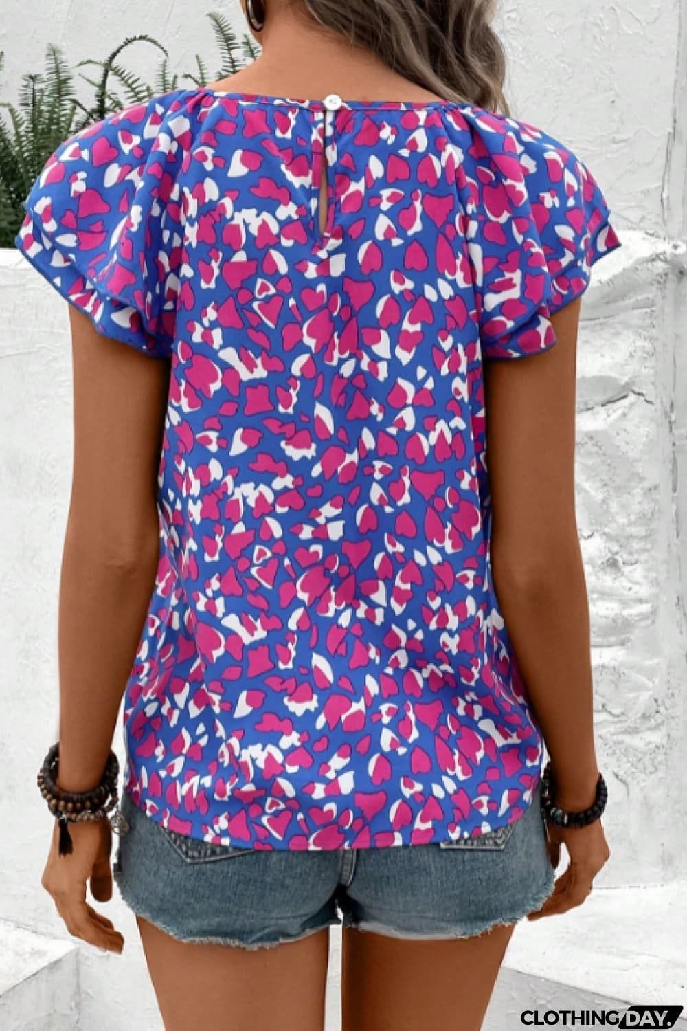 Printed Round Neck Flutter Sleeve Blouse