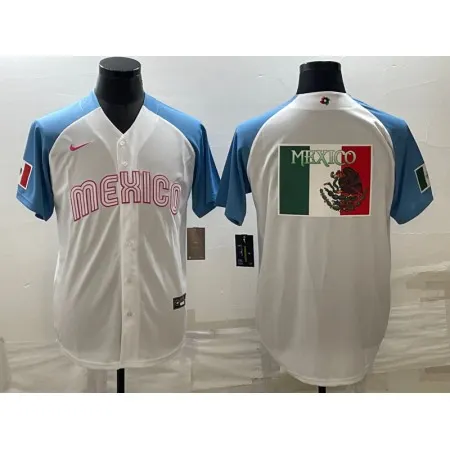 Men's Mexico Baseball 2023 White Blue World Baseball Big Logo Classic Stitched Jersey 6AYS