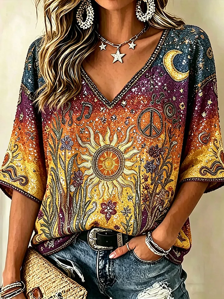 Comstylish Boho Hippie Sun Moon Peace Sign Rhinestone V-neck Blouse, Retro Music Note Floral 3/4 Sleeve Casual Top For Women