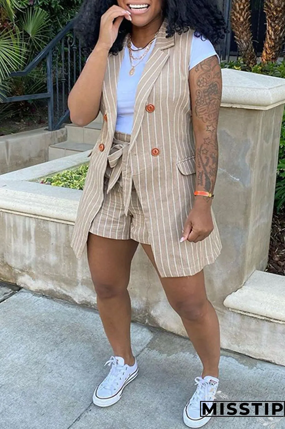Khaki Fashion Casual Striped Print Patchwork Cardigan Turndown Collar Plus Size Two Pieces (Without T-shirt)