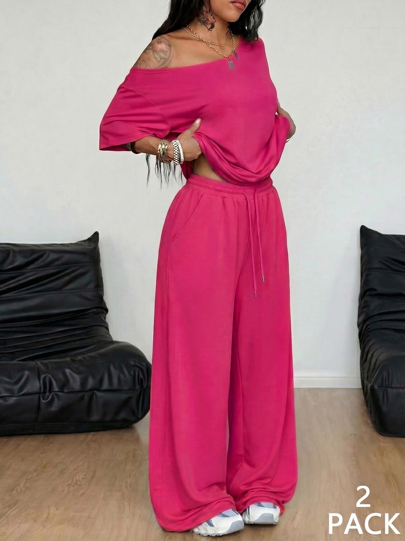 2pcs/Set Women's Minimalist Basic Casual Daily Wear Everyday Going Out Sport Comfortable Baggy Off Shoulder T-Shirt And Wide Leg Pants Two Pieces Outfits