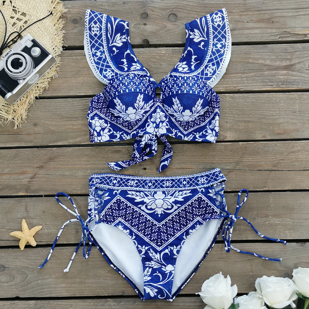 Uveng High-Belt Strap-Print Split Swimsuit Woman 2025 New Bikini Skirt Three-Piece Lotus Edges