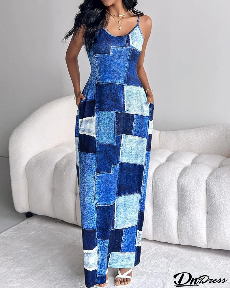 Denim Look Print Spaghetti Strap Casual Dress