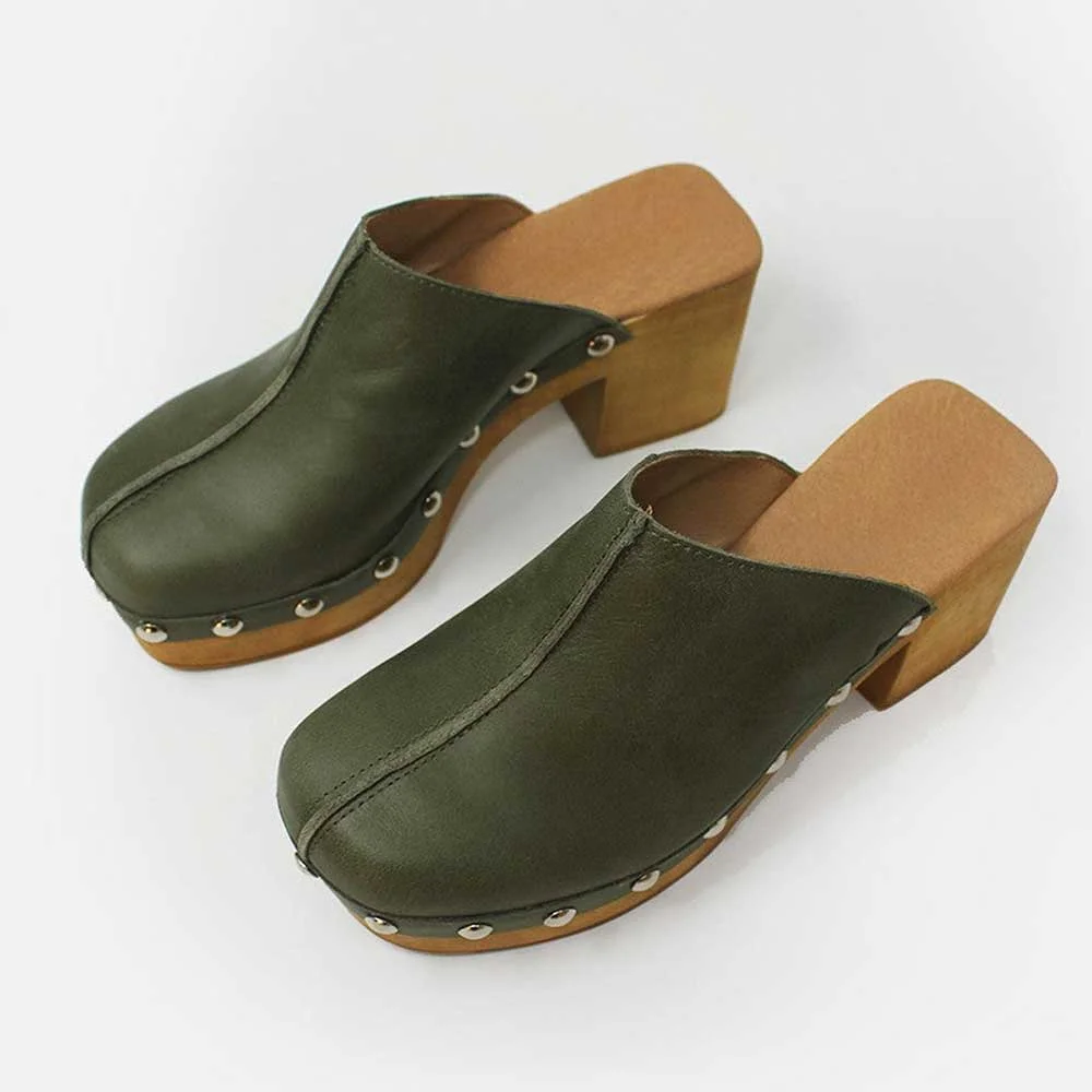 Olive Slip-On Round Toe Block Heel Platform Mules Shoes with Studs