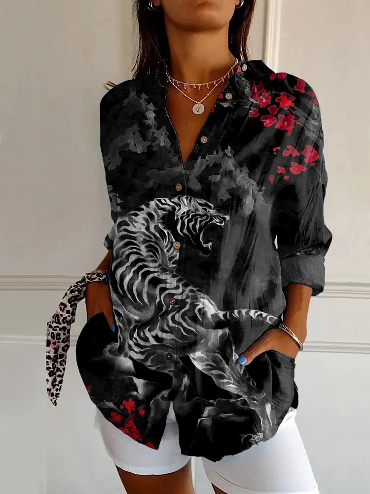 Vintage Floral Tiger Art Print Long Sleeve Shirt