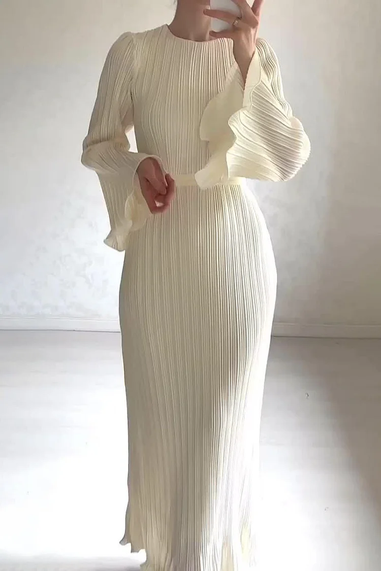 Pleated Round Neck Long Sleeve Solid Color Knotted Waist Maxi Dresses