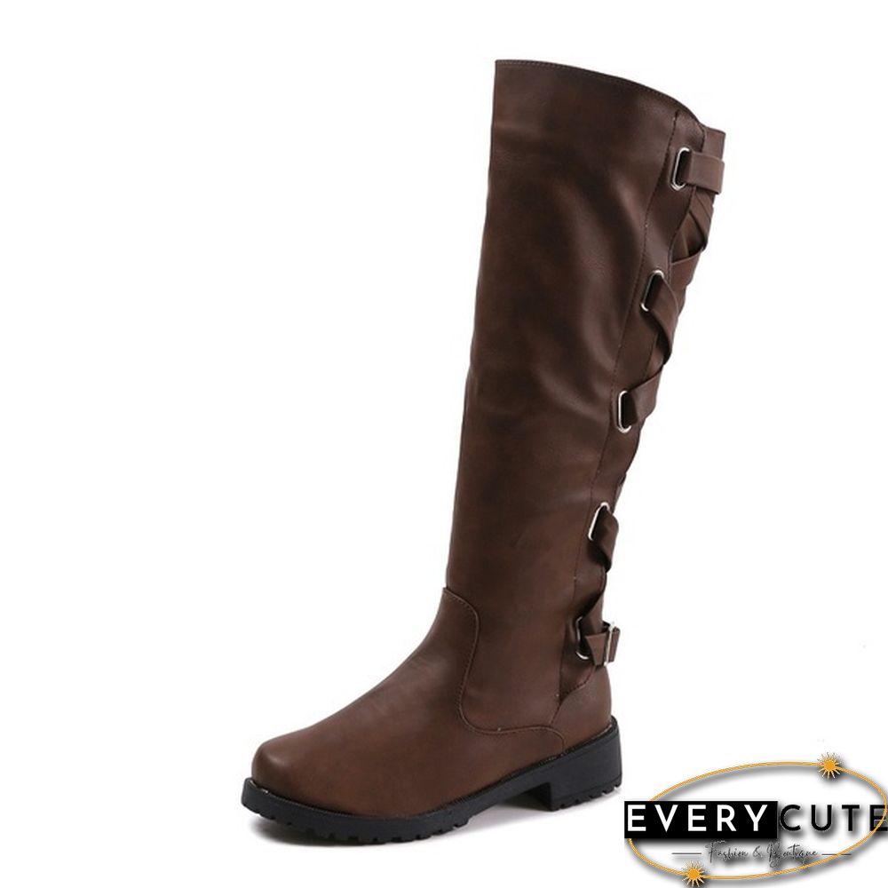 Women Winter Low Heel Belt Buckle Riding Leather Boots Knee High Cowboy Boots (Please Choose A Larger Size)