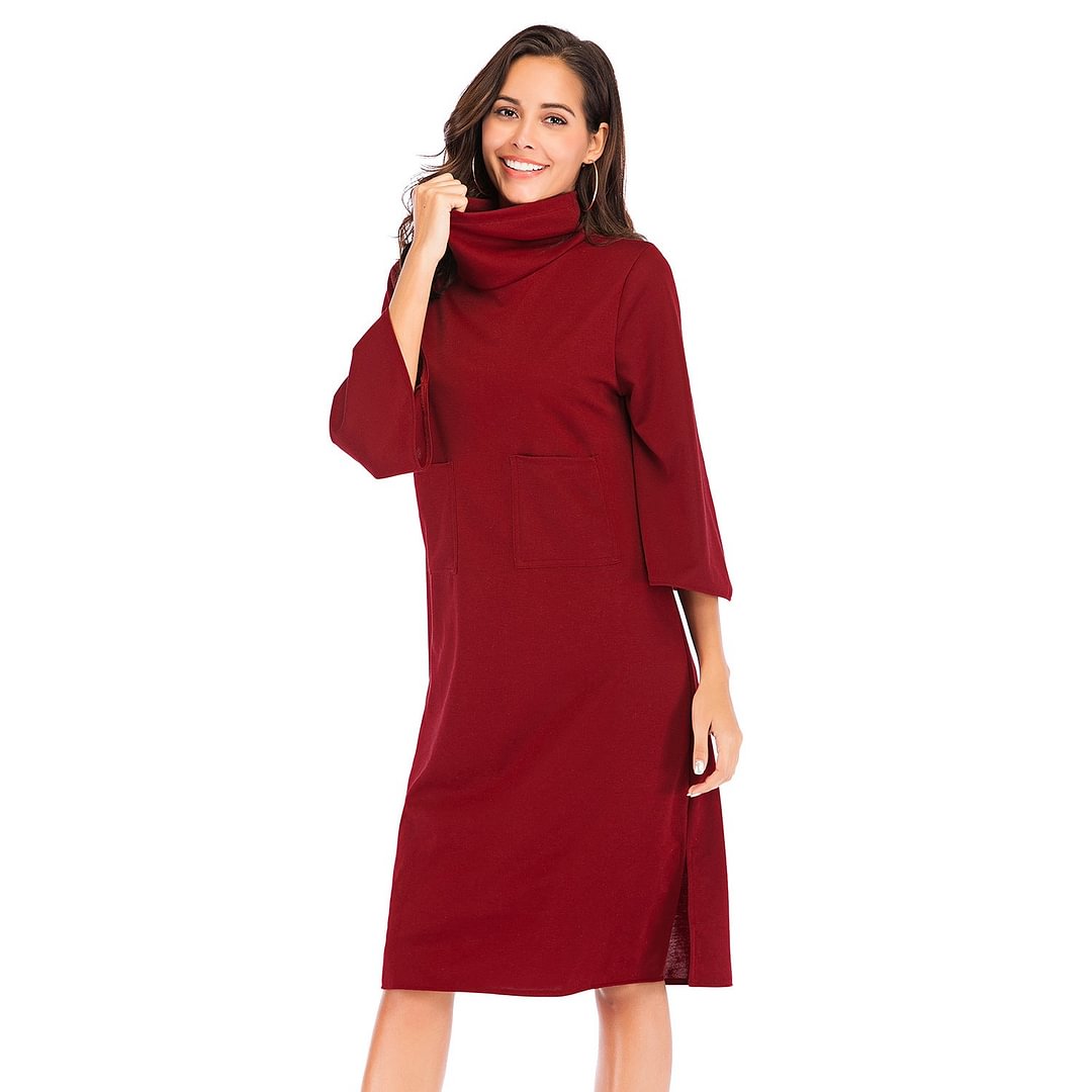 Spring Plus Size Women's Solid Color Pile Collar Bell Sleeve Midi Dress A- Line Skirt