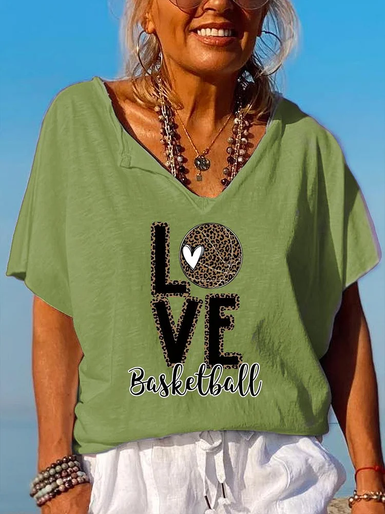 Love Basketball leopard V Neck T-shirt-Annaletters